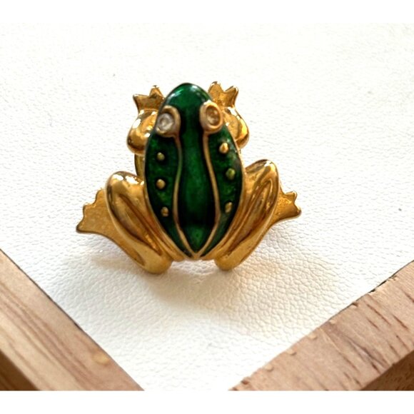Vintage AVON Frog Brooch Pin Gold Tone & Green Enamel - Picture 3 of 6